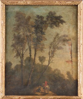 an old painting of a man riding a horse in a wooded area