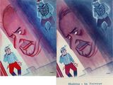 an image of a painting of a man in a blue shirt and red pants