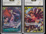two cards with different designs on them on a black background