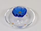 a glass plate with a blue flower on it