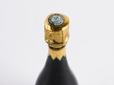 a close up of a bottle of champagne on a white background