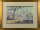 painting of a landscape with trees and a road in the foreground