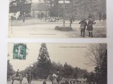two black and white photos of horses and people in a field