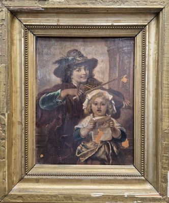 tableau représentant un homme et un enfant tenant un chien, dans un cadre doré