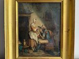 un vieux tableau représentant une femme assise sur un canapé à côté d'un homme