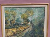 framed oil painting of a country scene with a woman walking down a road