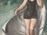 an oil painting of a woman in a bathing suit walking on a beach