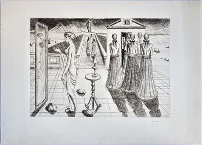 a black and white drawing of a group of people standing in front of a door