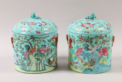 pair of chinese famille porcelain jars with roosters and flowers