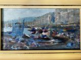 an oil painting of a harbor scene with boats and people in the water