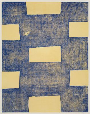 an abstract blue and yellow painting with squares on it