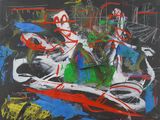abstract painting of a man on a motor bike with graffiti on it