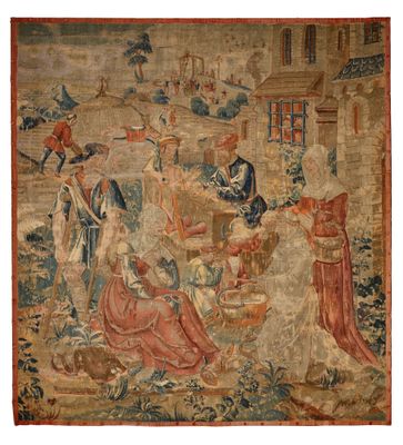 une image représentant une tapisserie sur laquelle figure un groupe de personnes dans un jardin