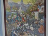tableau représentant un homme à cheval tirant une charrette sur laquelle se trouvent des personnes