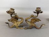 pair of antique brass dragon candlesticks