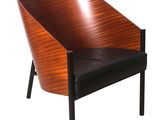 an image of a wooden chair with a black leather seat