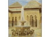 une image représentant une peinture d'une fontaine située devant un bâtiment