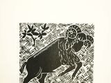 a black and white drawing of a ram in a field