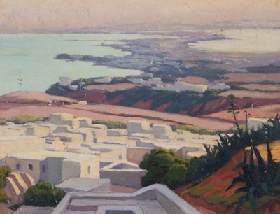 tableau représentant une vue d'une ville avec un plan d'eau au loin