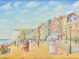 a painting of people walking down the street by the water