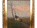 une image représentant une peinture d'une scène de ferme avec une vache au premier plan