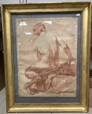 tableau représentant un homme nu avec un serpent, dans un cadre doré