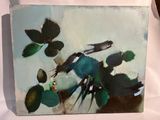 un tableau représentant un colibri perché sur une branche d'arbre