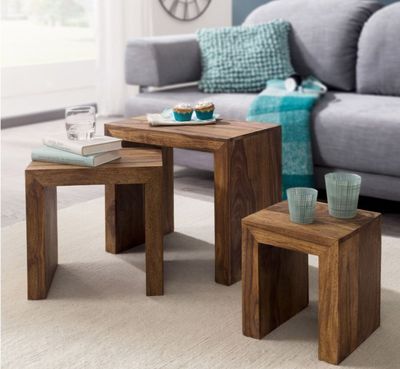 Lot de 3 tables gigognes en bois de sheesham massif, Dimensi…
