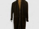 brown hoodedie with hood and zippers on a hanger