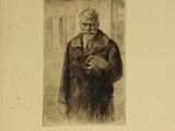 drawing of a man in a coat holding a book in his hands