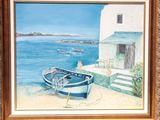 a painting of a boat on the beach next to a building