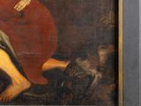 a painting of a man kneeling on the ground with a dog