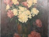 painting of flowers in a glass vase on a table