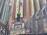 a painting of a church with a stained glass window
