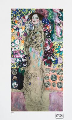 une image représentant un tableau où l'on voit une femme debout devant des fleurs