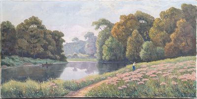 painting of a man fishing on a river with trees in the background
