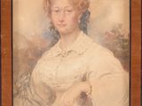 portrait of a woman in a white dress with a brown frame