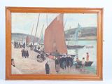 a picture of a painting of people on the beach