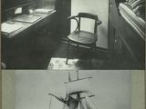 deux photos en noir et blanc d'une chambre avec un bureau et un bateau sur l'eau