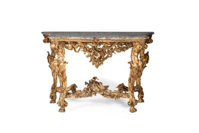 table console ancienne avec un plateau en marbre et un décor à la feuille d'or