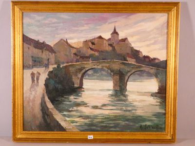 a painting of a bridge over a river with a castle in the background