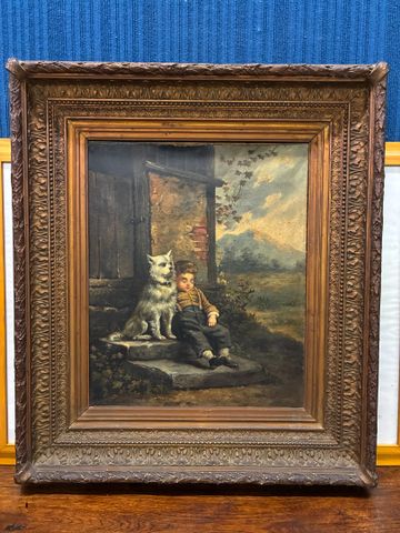 Charles DESHAIS : « l’enfant et son chien », huile sur toile, sig