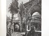 an old black and white drawing of a courtyard with people sitting on benches