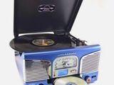un tourne-disque bleu avec un CD posé devant
