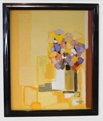 a painting of a vase of flowers on a wall
