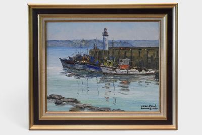 a picture of a painting of a boat in the water