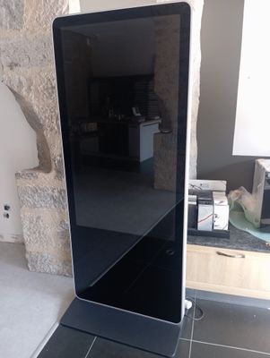 une photo d'un grand téléviseur à écran plat posé sur un meuble