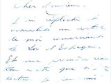 an old handwritten letter with blue ink on a white background