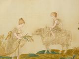 a painting of two children on a sheep in a field