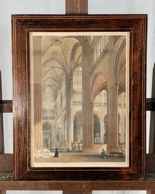 une vieille photo représentant un tableau d'une église avec des personnes à l'intérieur